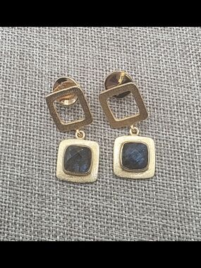 Gold Square Drop Earrings with Faceted Labradorite Stones